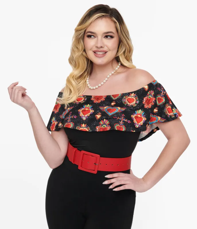 Black & Multicolor Heart Off the Shoulder Ruffle Top sold by Unique Vintage
