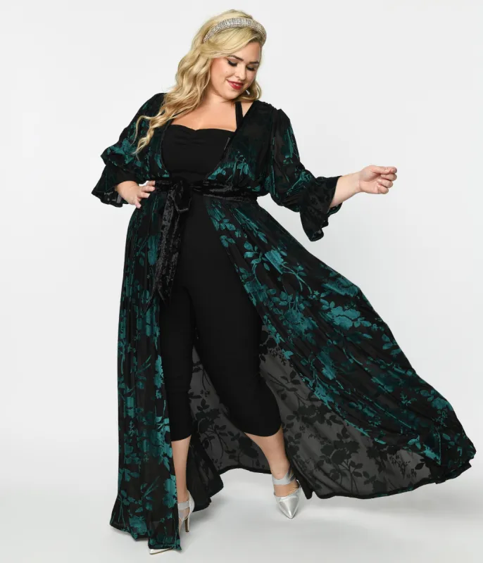 Unique Vintage Plus Size Black & Teal Floral Velvet Burnout Duster sold by Unique Vintage
