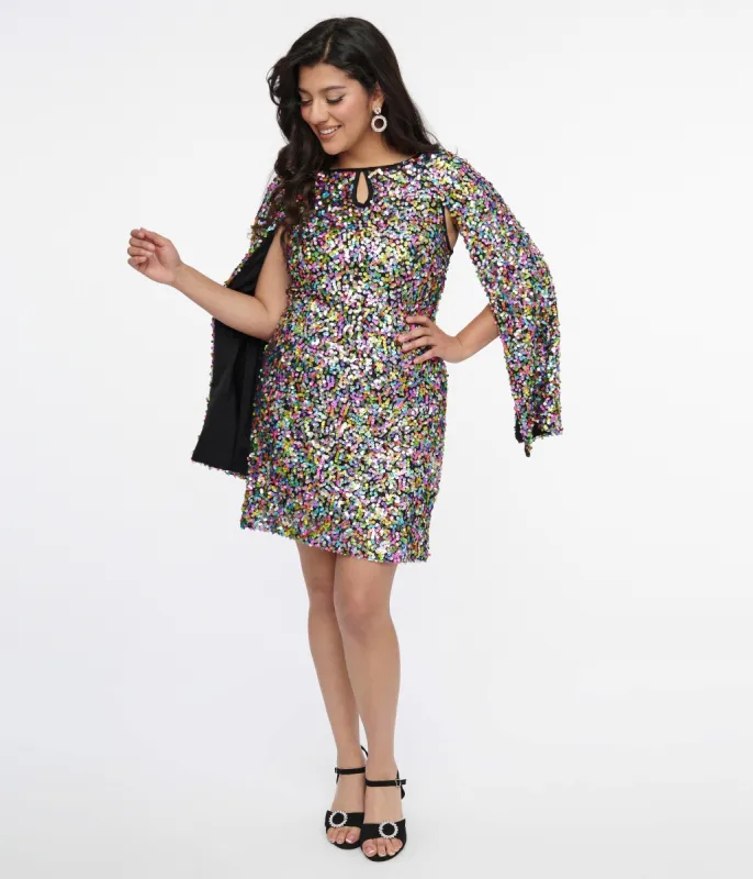 Smak Parlour 1960s Rainbow Sequin Cape Sleeve Shift Dress sold by Unique Vintage