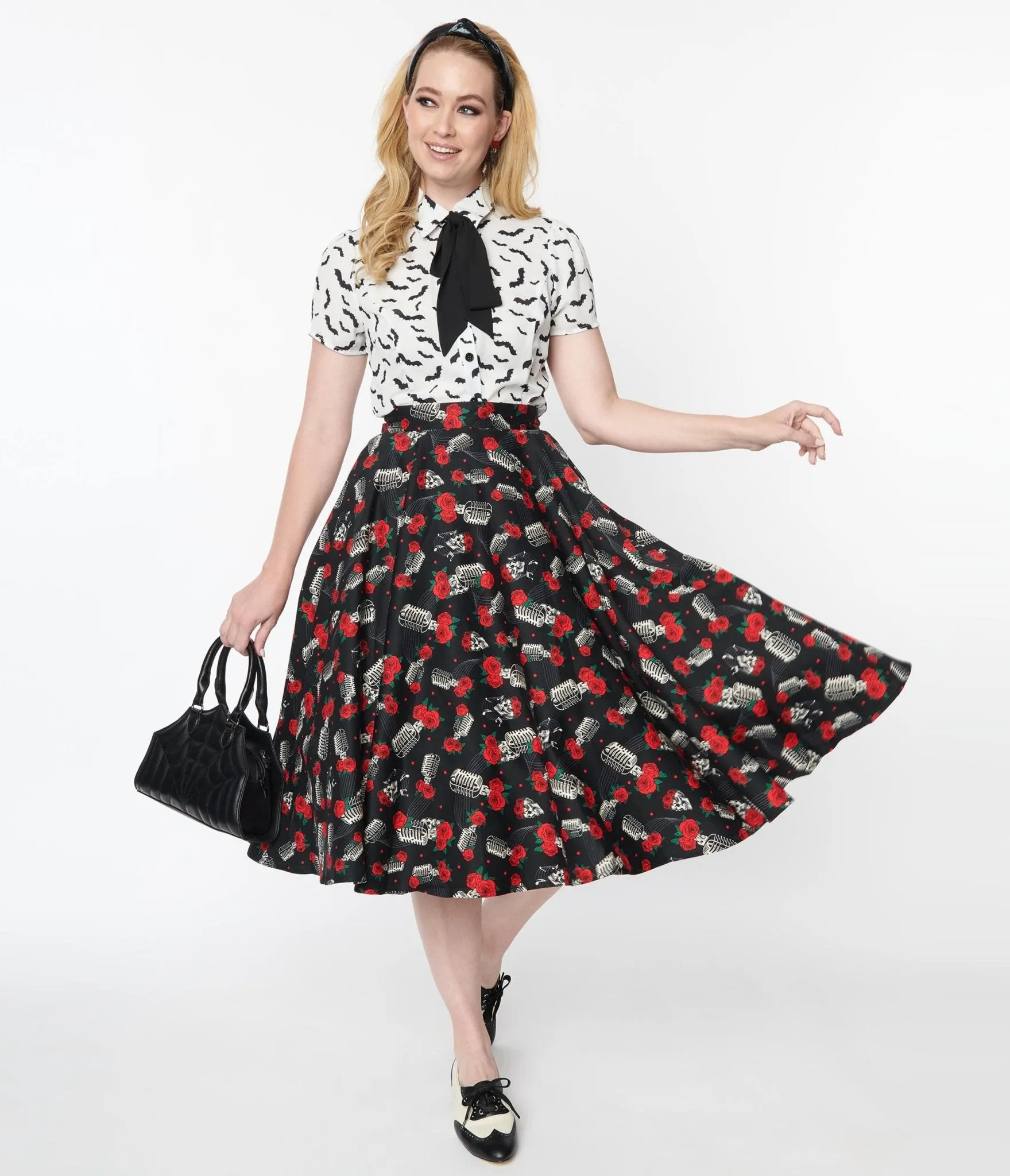 Black & Skull Rose Swing Skirt sold by Unique Vintage