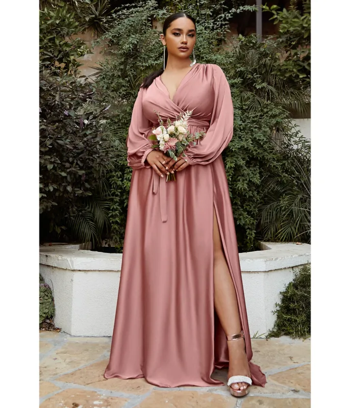 Cinderella Divine  Plus Size Rose Gold Satin Blouson Sleeve Evening Gown sold by Unique Vintage