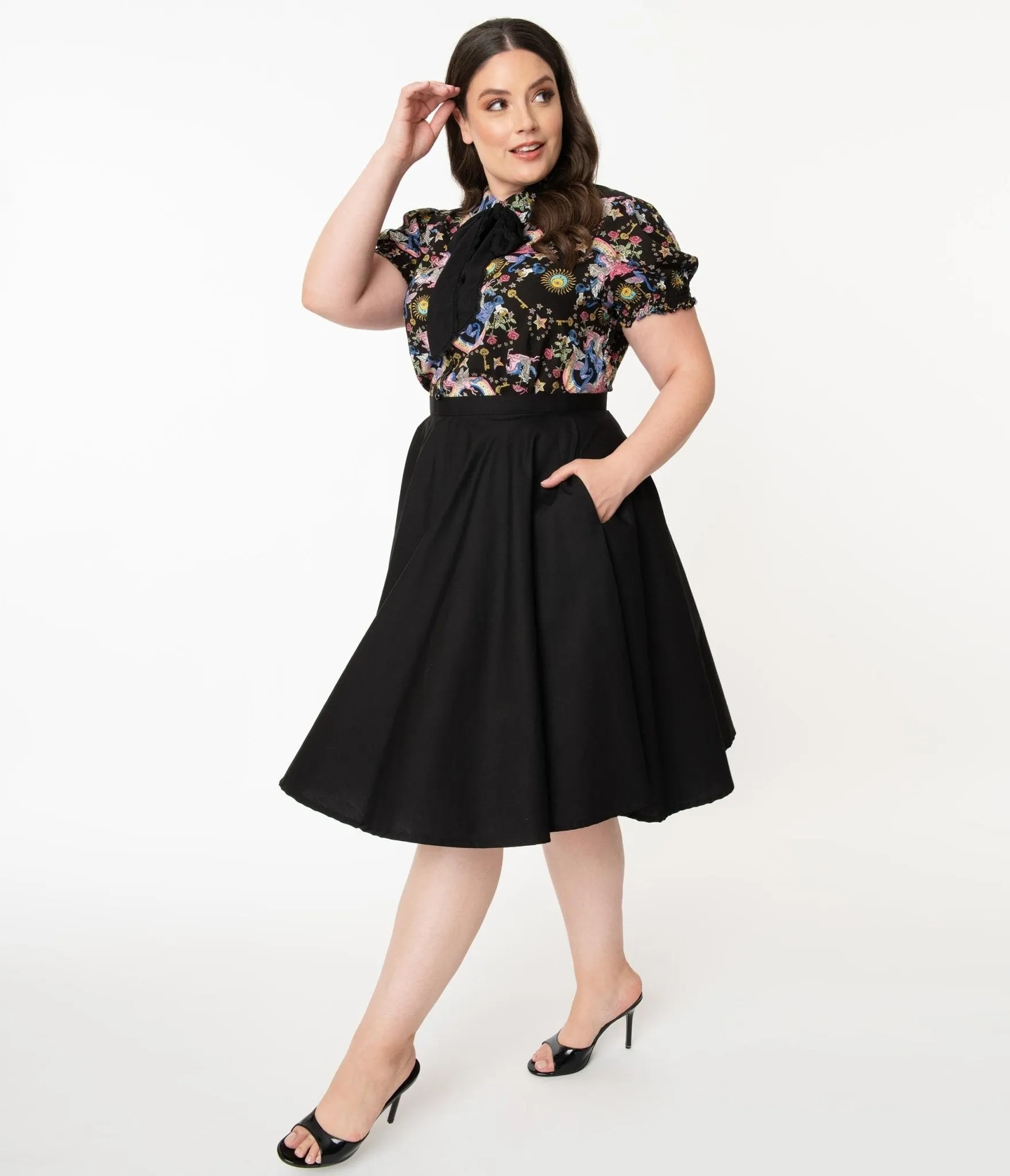Magnolia Place Plus Size 1950s Style Black High Waist Swing Skirt sold by Unique Vintage
