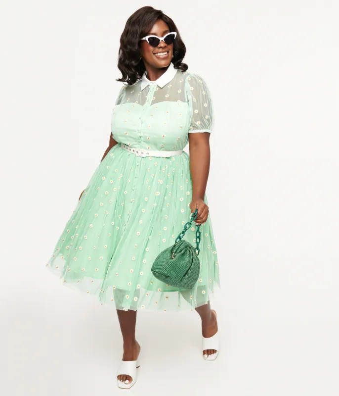Unique Vintage Plus Size 1950s Green & White Daisy Print Hollie Swing Dress sold by Unique Vintage