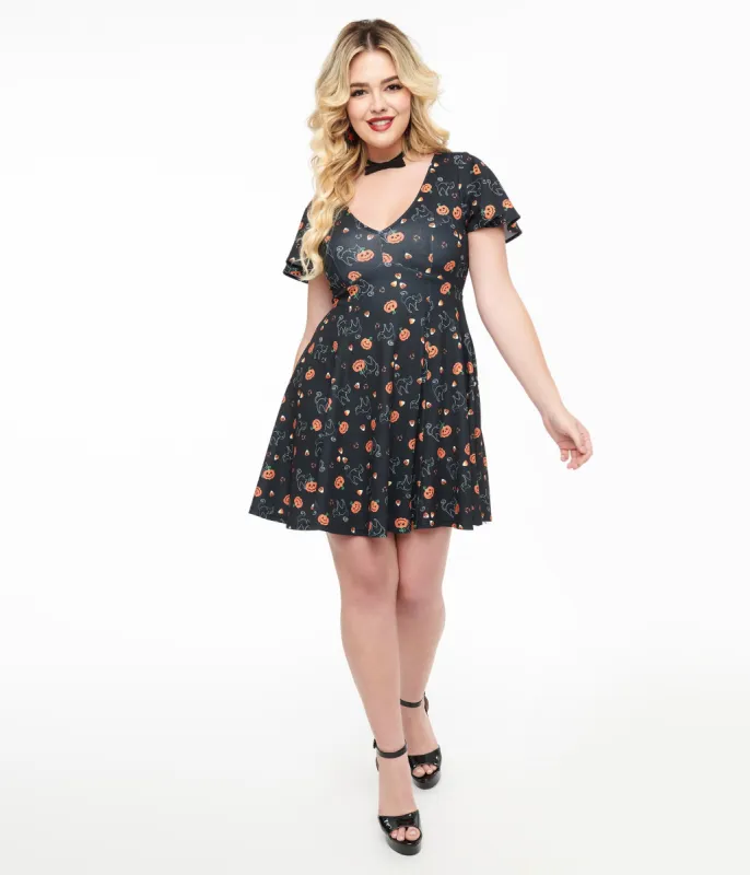 Unique Vintage 1950s Black Spooky Cats & Pumpkins Poppy Flare Dress sold by Unique Vintage