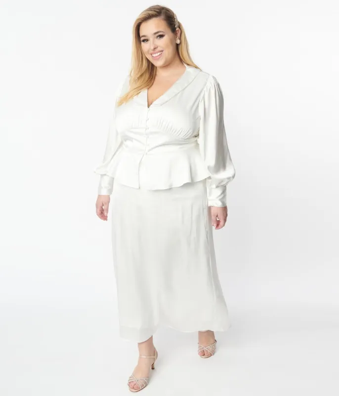 Plus Size Ivory Long Sleeve Blouse & Midi Skirt Bridal Set made by Unique Vintage