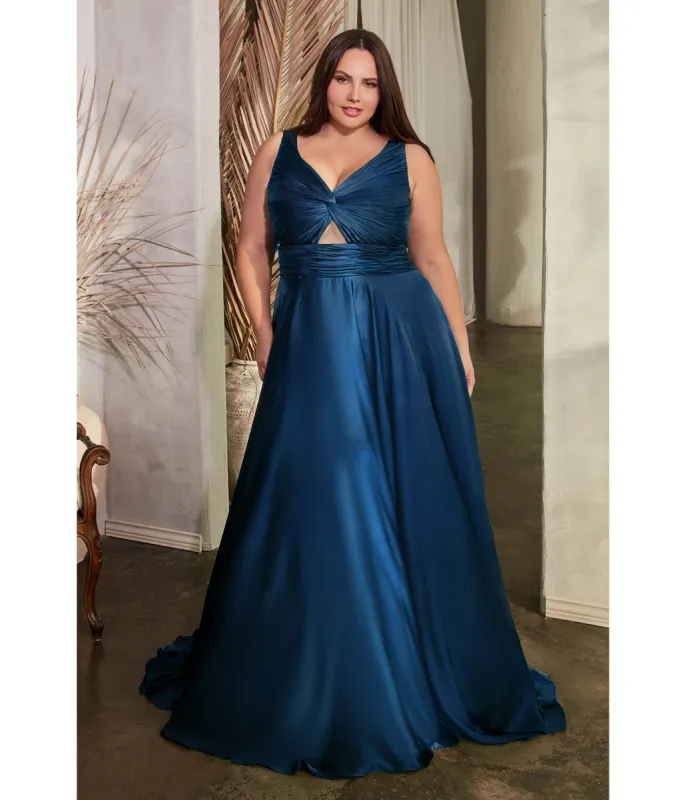Cinderella Divine  Plus Size Navy Satin Ruched Knotted Keyhole Evening Gown sold by Unique Vintage