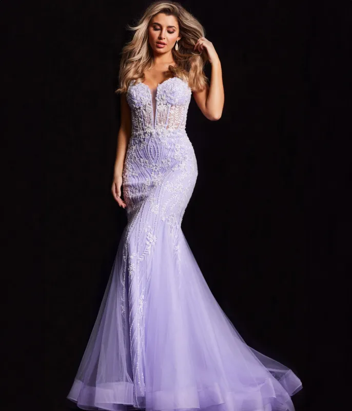 Jovani Lilac Floral Embroidered Corset Mermaid Evening Gown sold by Unique Vintage