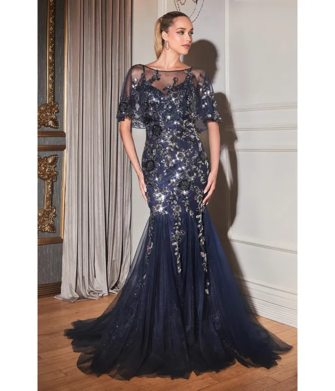 Cinderella Divine  Navy & Silver Rhinestone Floral Trumpet Bridesmaid Gown sold by Unique Vintage