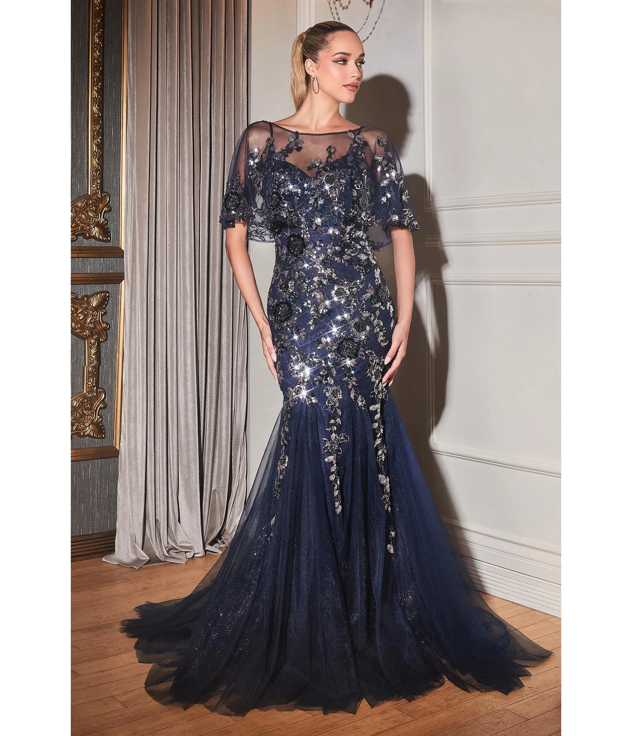 Cinderella Divine Navy & Silver Rhinestone Floral Trumpet Bridesmaid Gown sold by Unique Vintage
