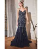 Cinderella Divine Navy & Silver Rhinestone Floral Trumpet Bridesmaid Gown sold by Unique Vintage