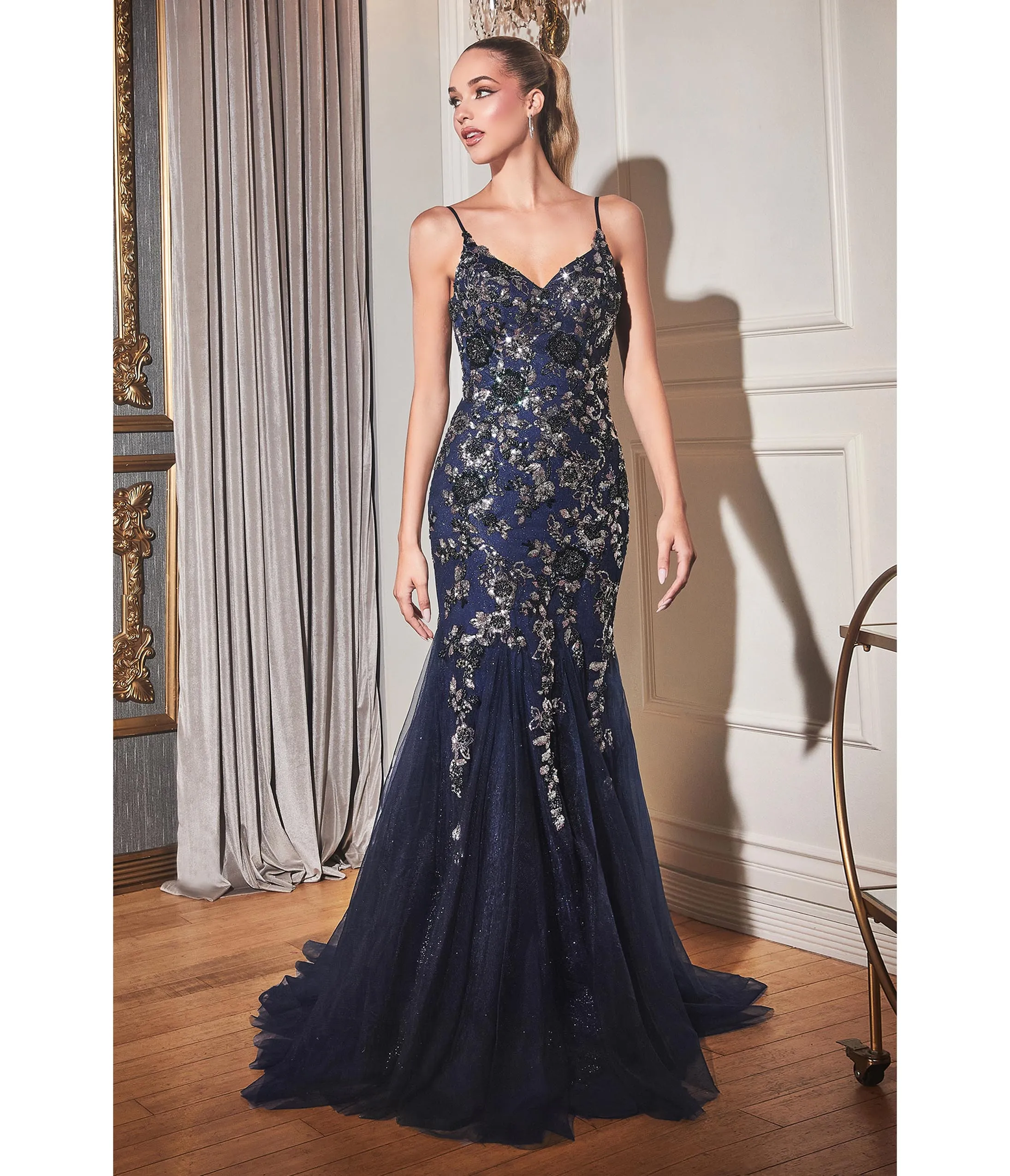 Cinderella Divine Navy & Silver Rhinestone Floral Trumpet Bridesmaid Gown sold by Unique Vintage product image thumbnail 2