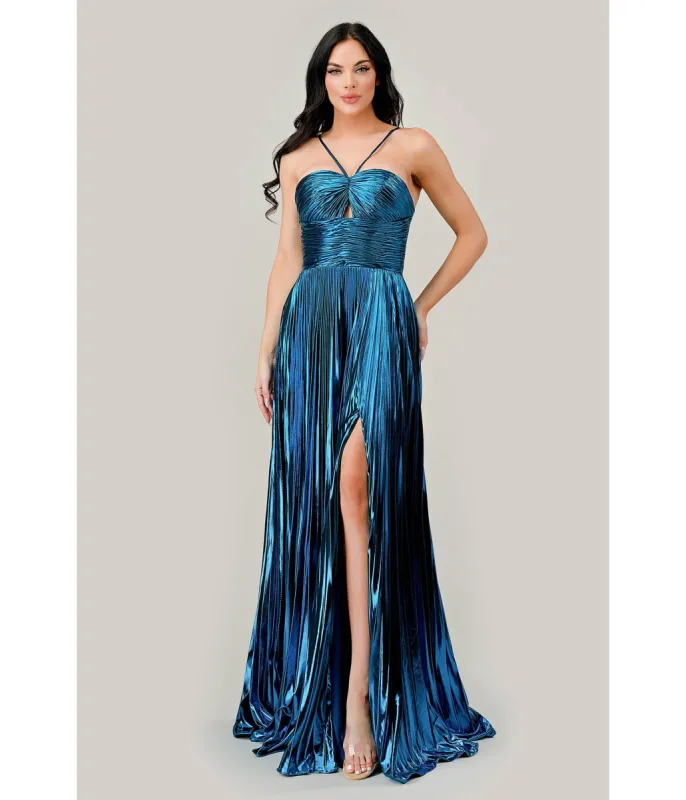Cinderella Divine Metallic Blue Pleated Halter Prom Dress sold by Unique Vintage