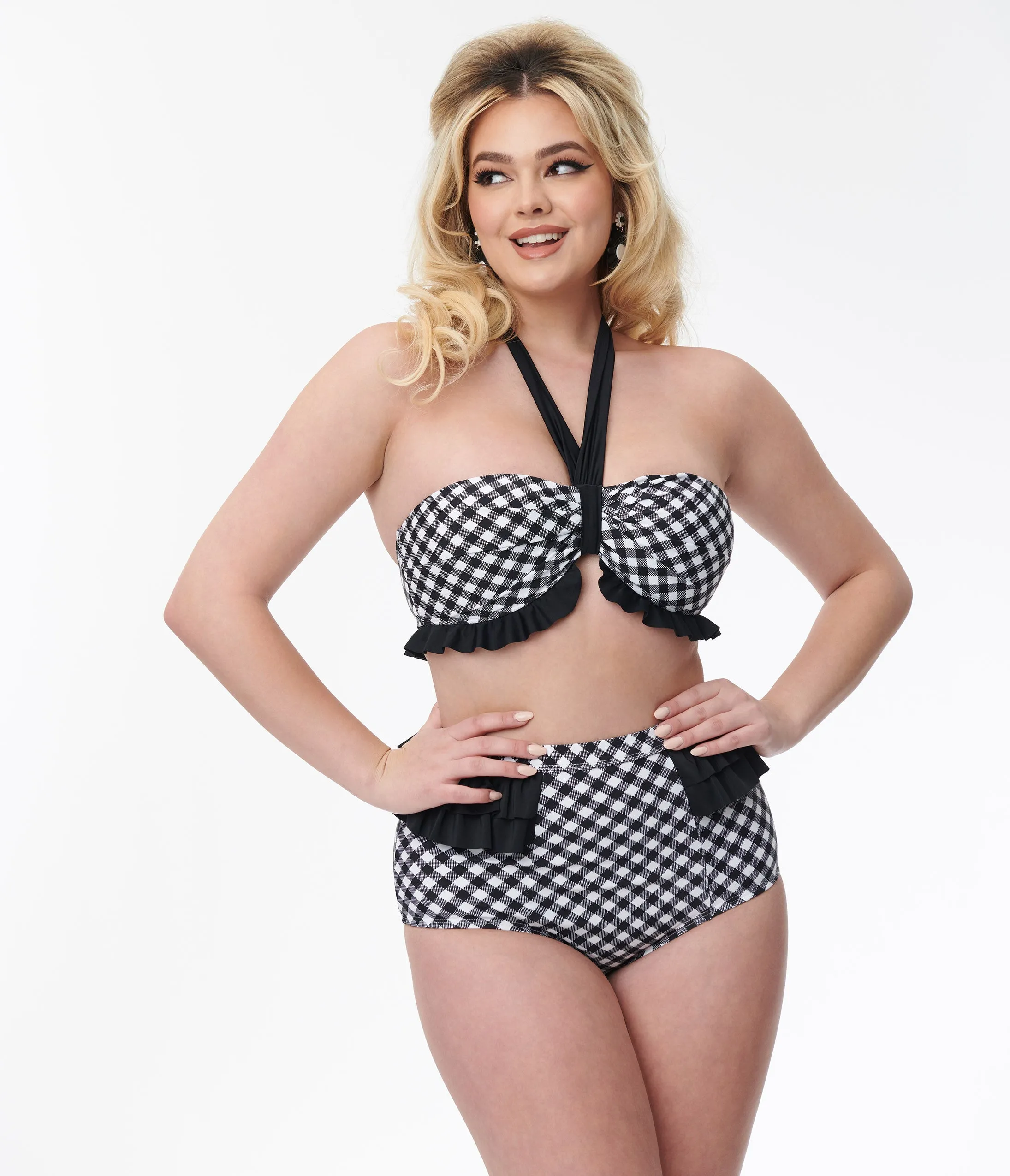 Unique Vintage Black & White Gingham Ruffle Swim Bottom sold by Unique Vintage