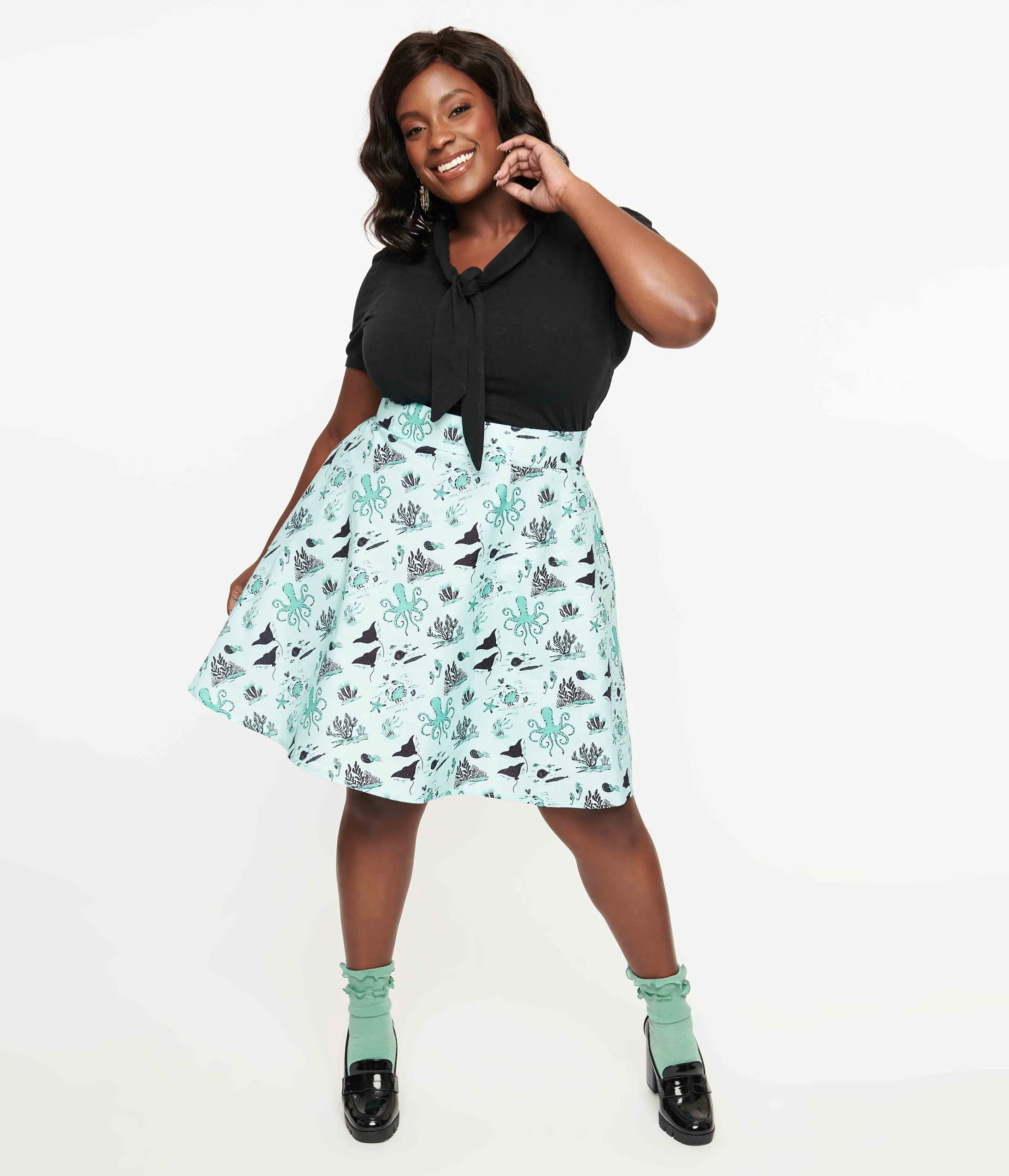 Retrolicious Plus Size 1950s Teal Sea Print Cotton Skater Skirt sold by Unique Vintage