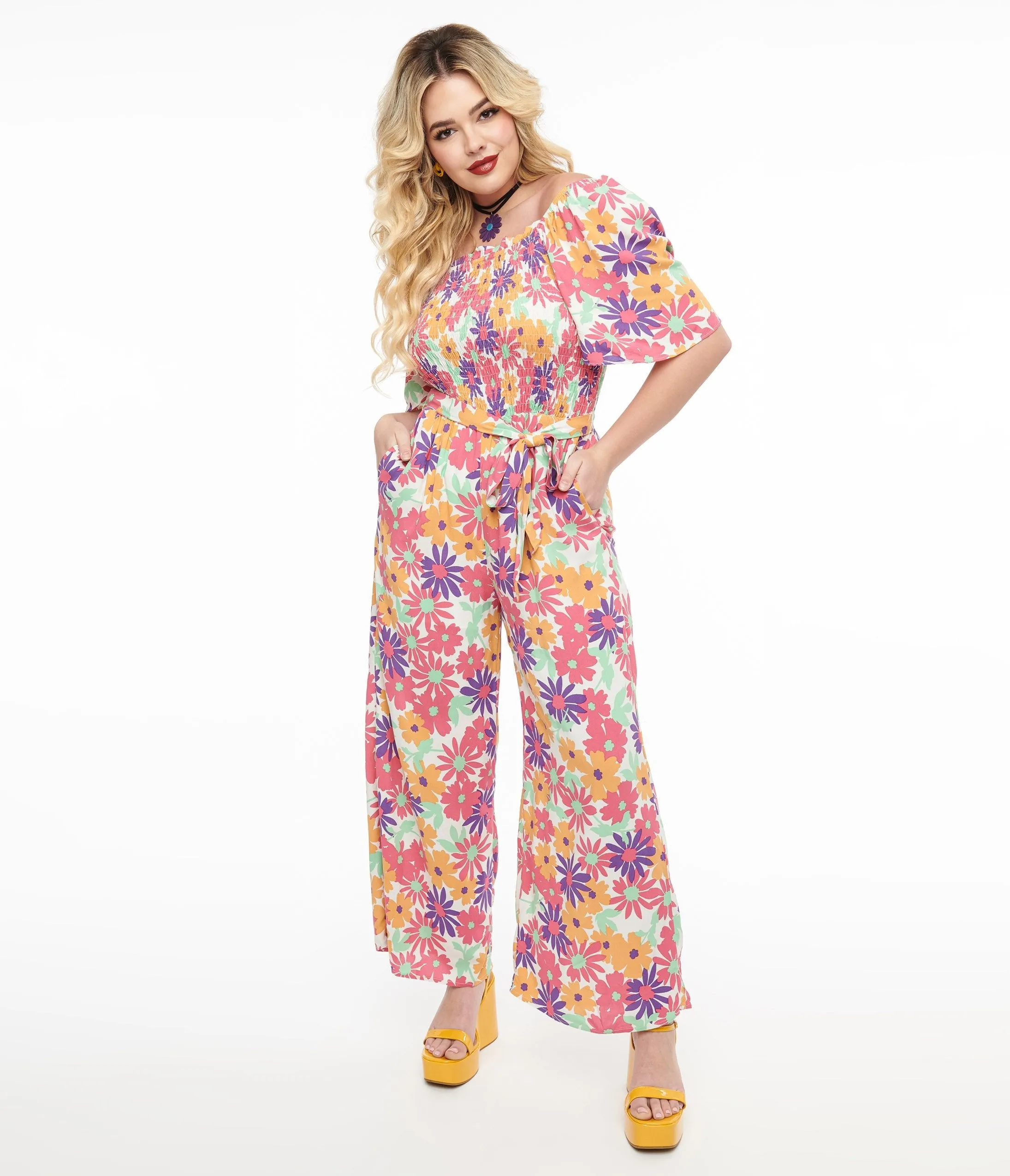 Hot Pink & Purple Floral Flutter Sleeve Jumpsuit sold by Unique Vintage product image thumbnail 3