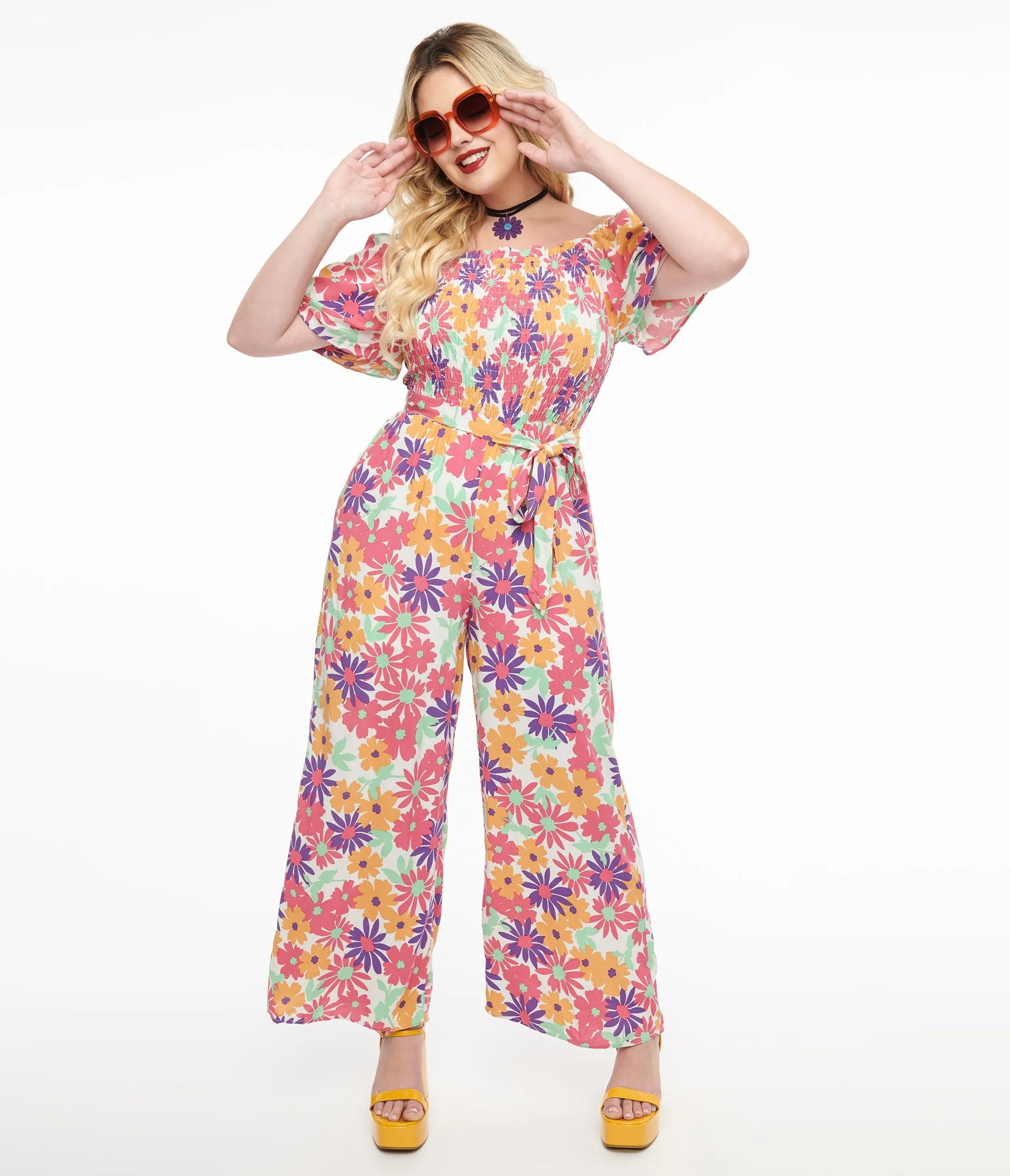Hot Pink & Purple Floral Flutter Sleeve Jumpsuit sold by Unique Vintage