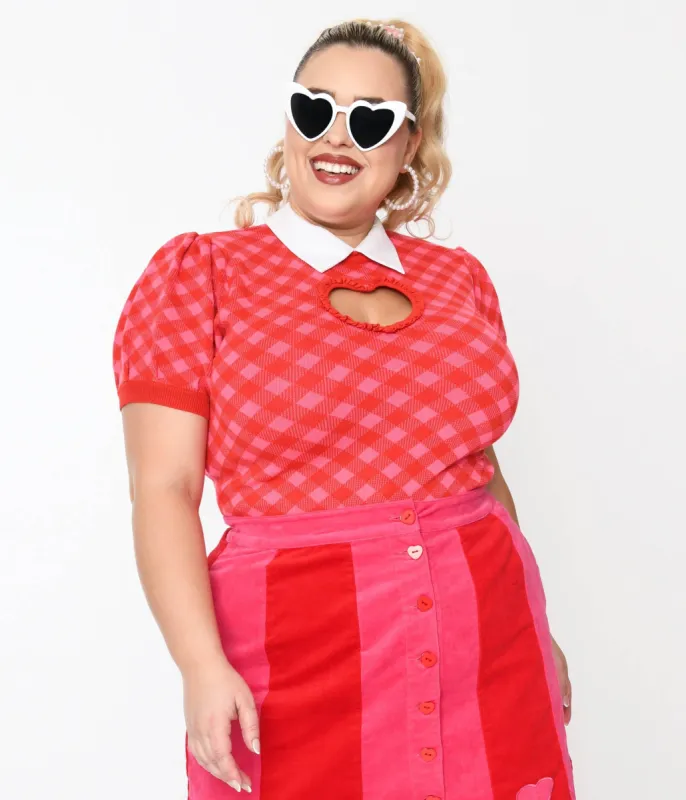 Smak Parlour Plus Size Red & Pink Bias Gingham Heart Sweater sold by Unique Vintage