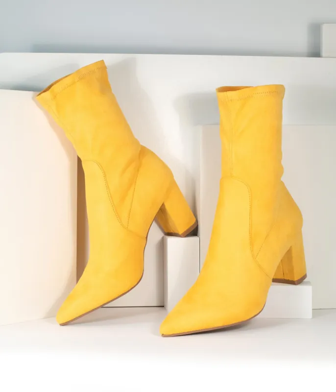 Mustard Suede Pointed Bootie sold by Unique Vintage