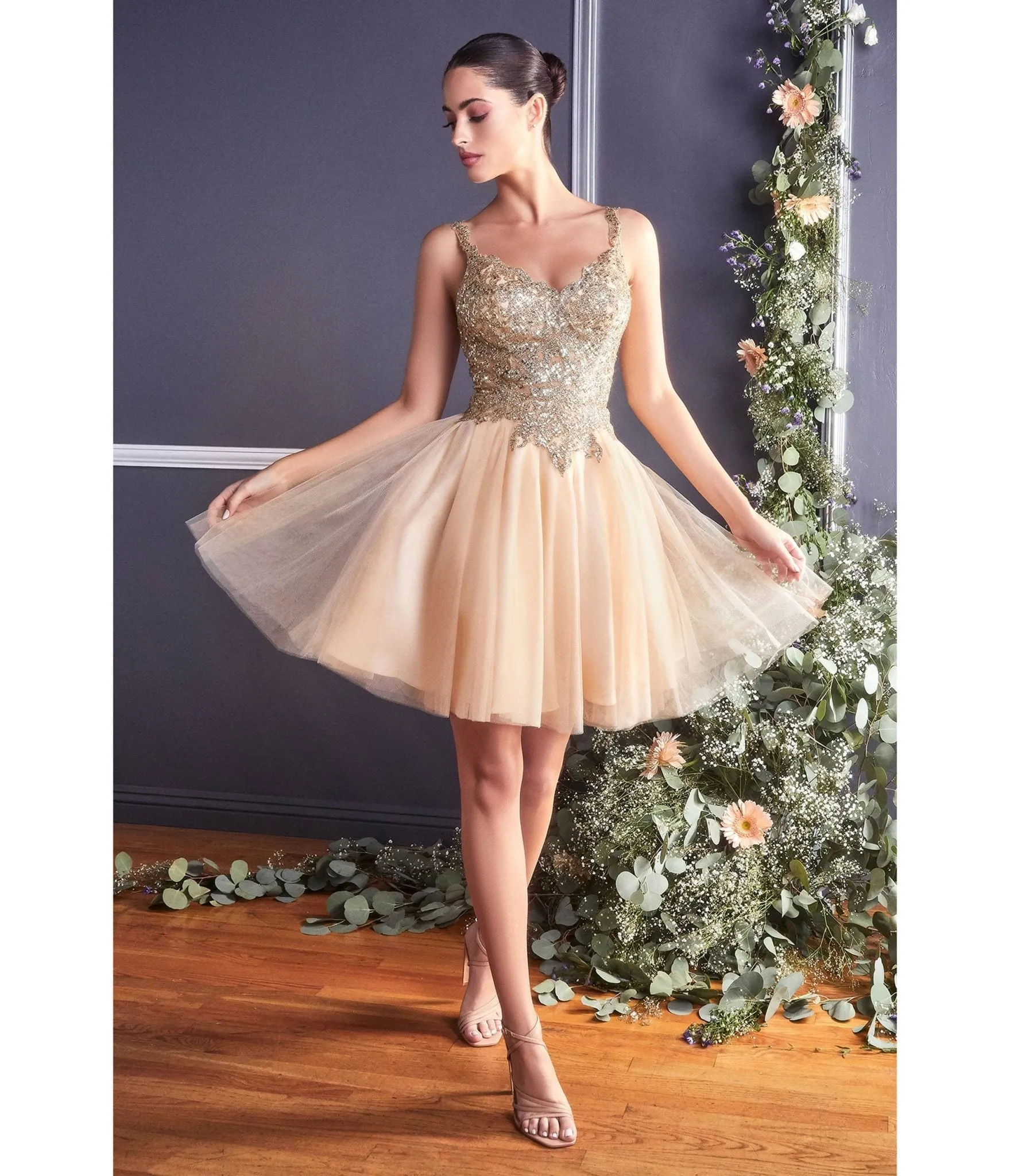 Cinderella Divine Champagne Gold Embellished Tulle Mini Homecoming Dress sold by Unique Vintage