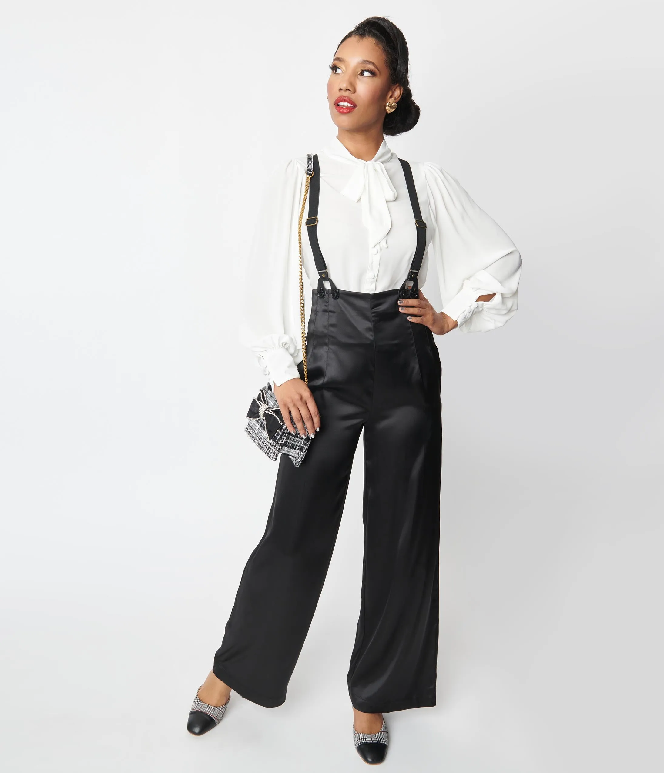 Unique Vintage 1930s Black Satin High Waist Suspender Pants sold by Unique Vintage product image thumbnail 4