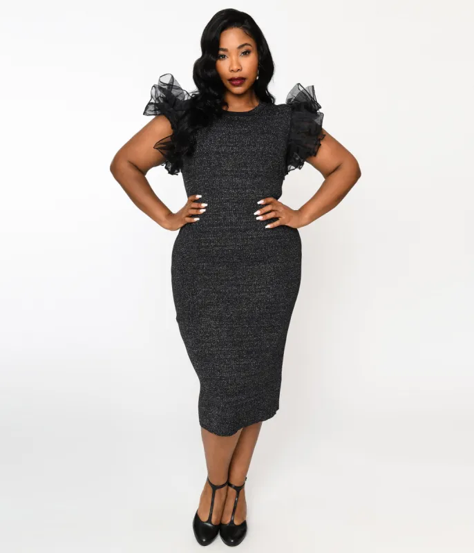 Metallic Black Ruffle Sleeved Knit Midi Wiggle Dress sold by Unique Vintage
