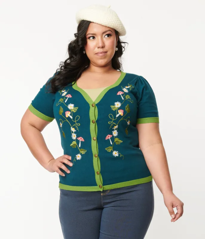 Unique Vintage Plus Size Teal Mushroom & Daisy Embroidered Cardigan sold by Unique Vintage