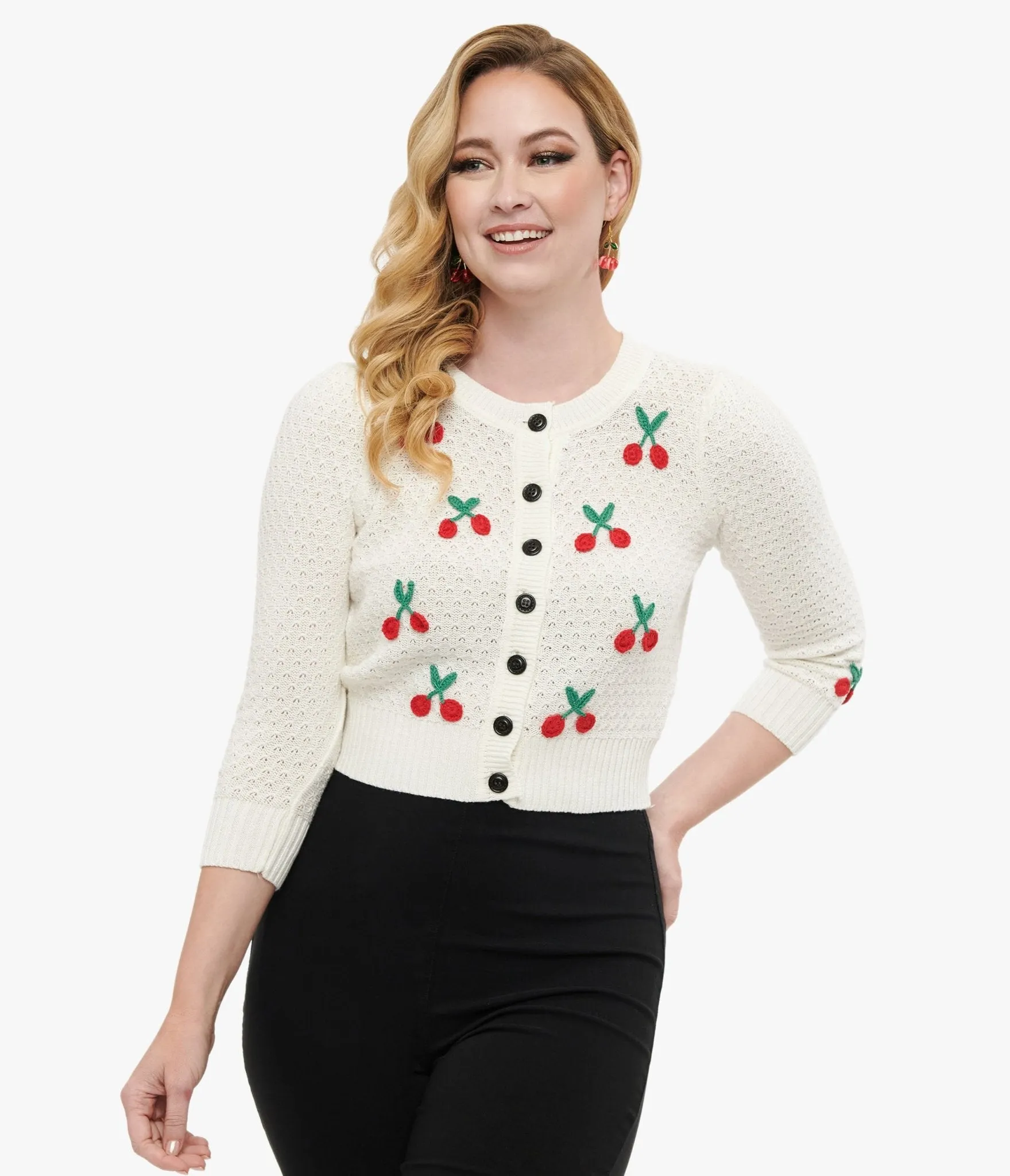 1950s Style Ivory Oatmeal & Cherries Crochet Button Up Cardigan sold by Unique Vintage