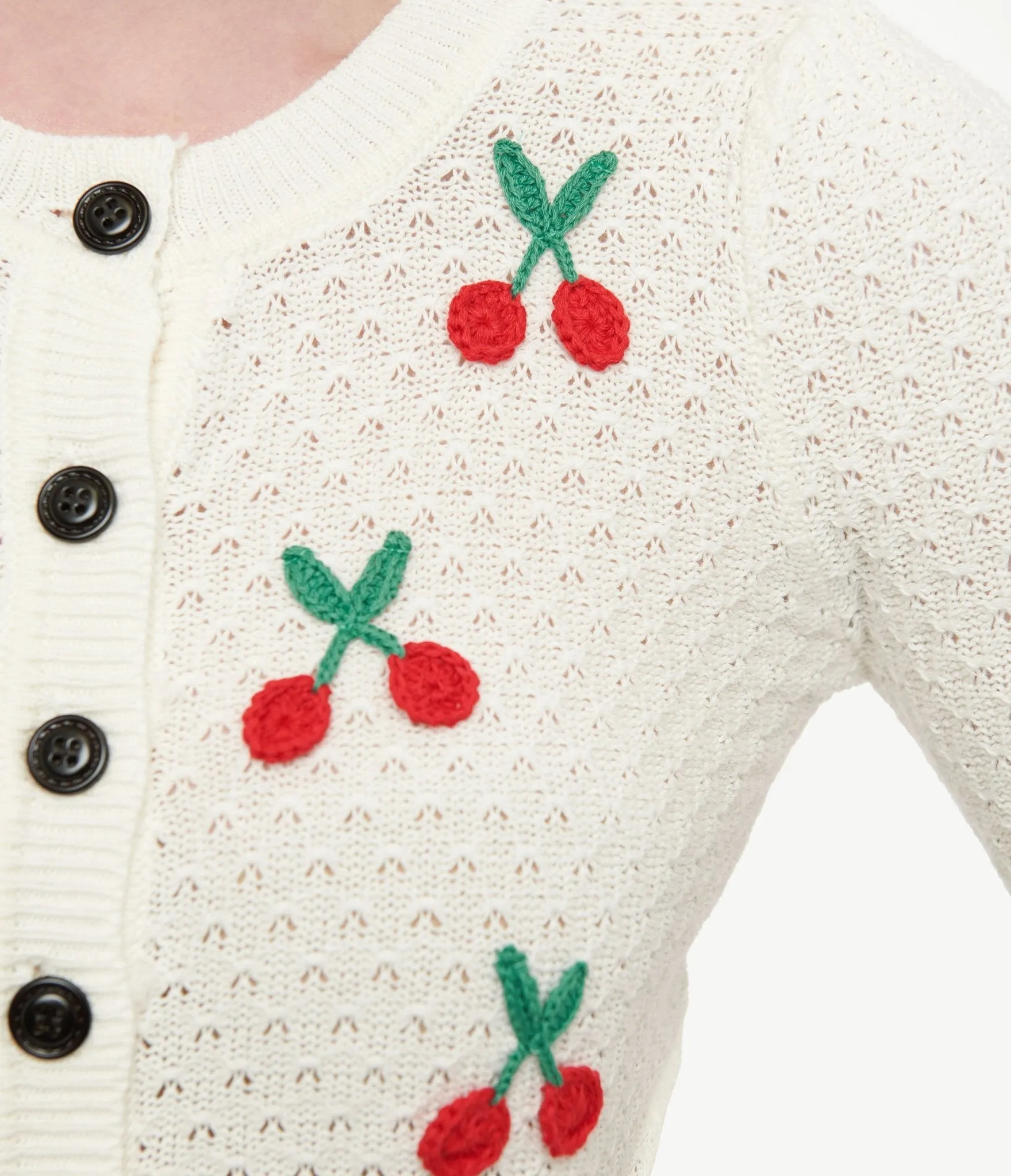 1950s Style Ivory Oatmeal & Cherries Crochet Button Up Cardigan sold by Unique Vintage product image thumbnail 2