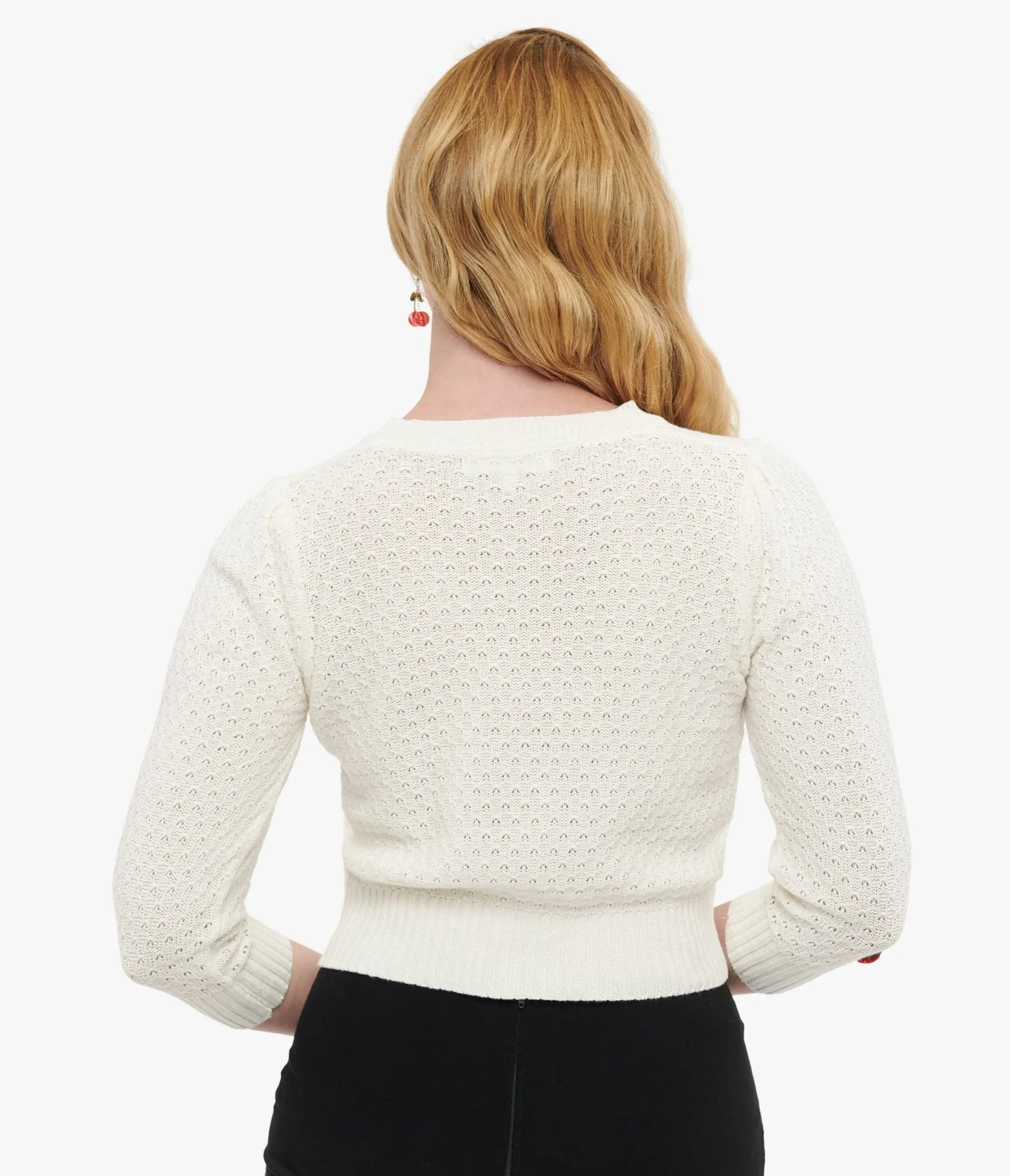 1950s Style Ivory Oatmeal & Cherries Crochet Button Up Cardigan sold by Unique Vintage product image thumbnail 3