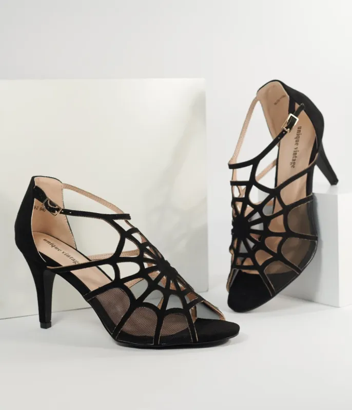 Unique Vintage 1940s  Black Spider Web Heels sold by Unique Vintage