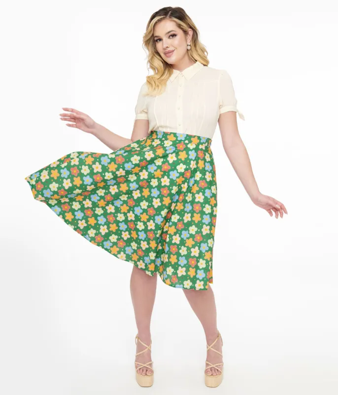 1950s Green Retro Floral Cotton Swing Skirt sold by Unique Vintage