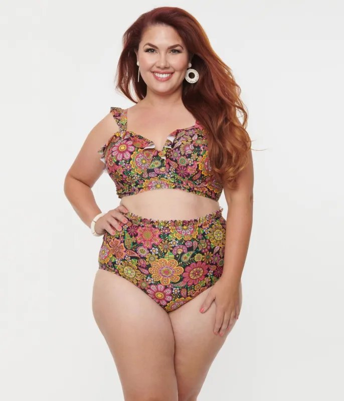 Unique Vintage Plus Size 1960s Kaleidoscope Floral Cape May Swim Bottoms sold by Unique Vintage