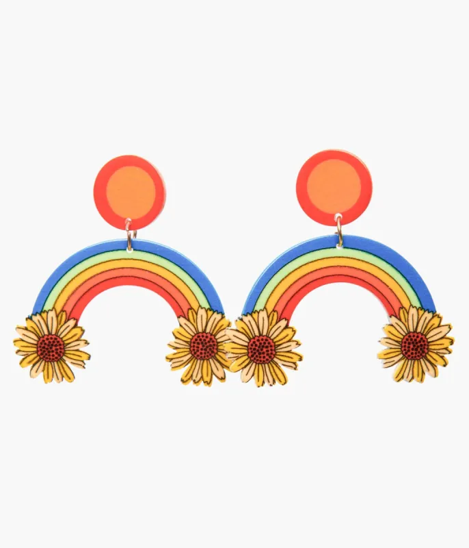 1970s Retro Sunflower Rainbow Earrings sold by Unique Vintage