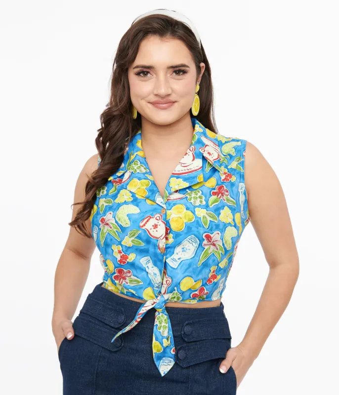 1950s Blue Lemon In My Tea Print Crop Top sold by Unique Vintage