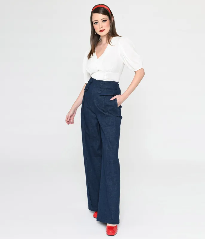 Unique Vintage 1940s Denim High Waist Wide Leg Tab Pants sold by Unique Vintage