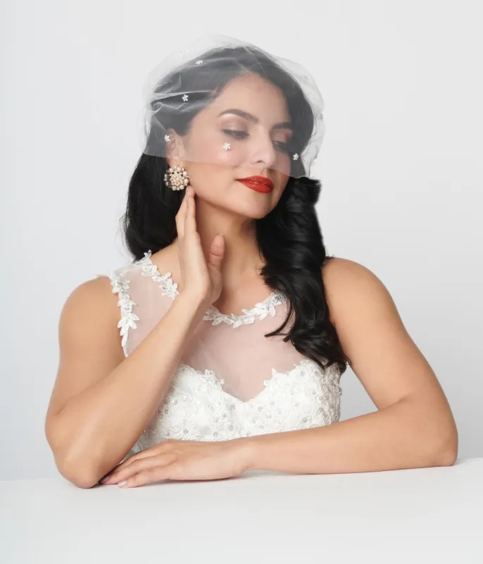 White Floral Birdcage Tulle Veil sold by Unique Vintage