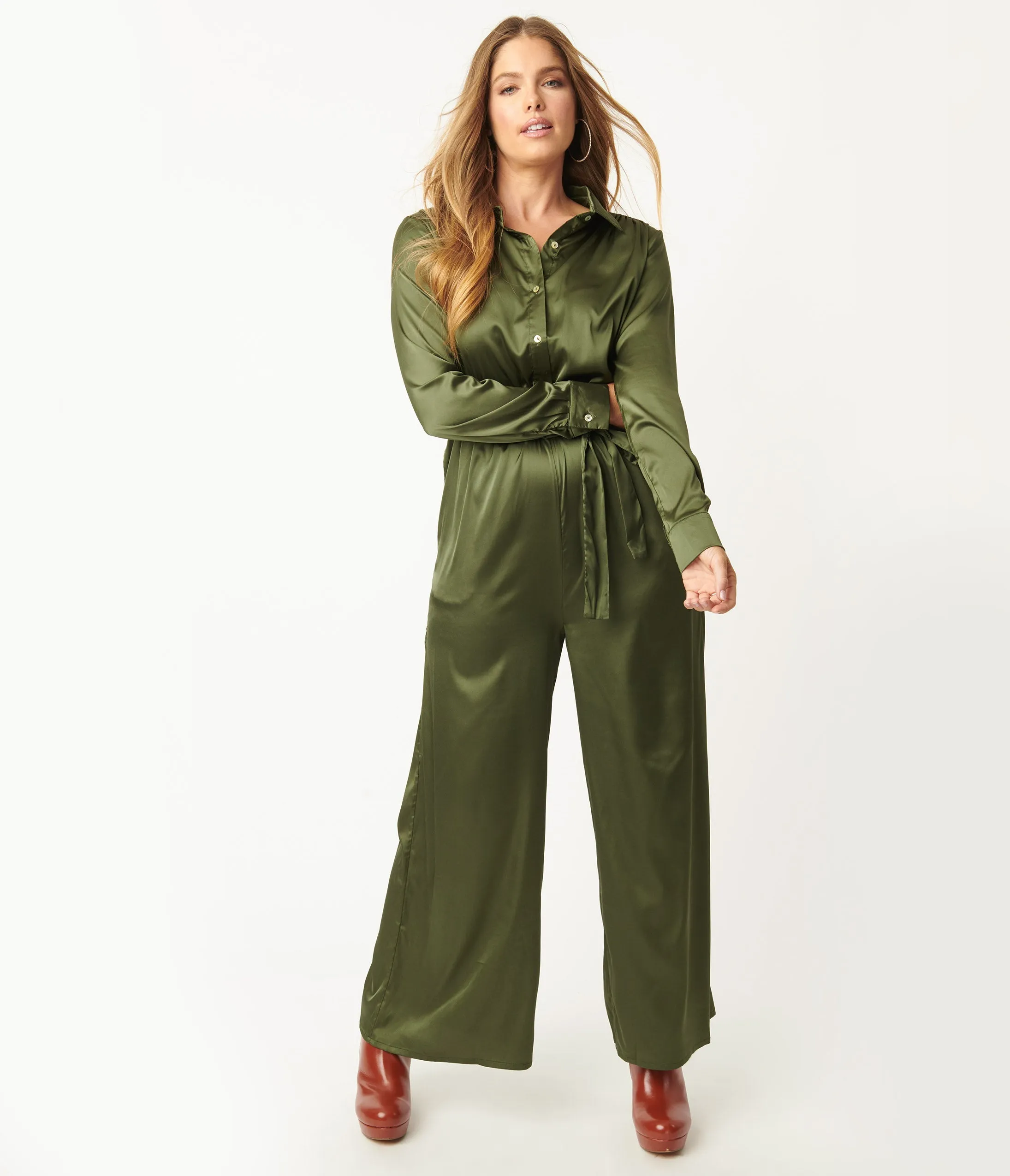 Olive Green Satin Jumpsuit sold by Unique Vintage product image thumbnail 3