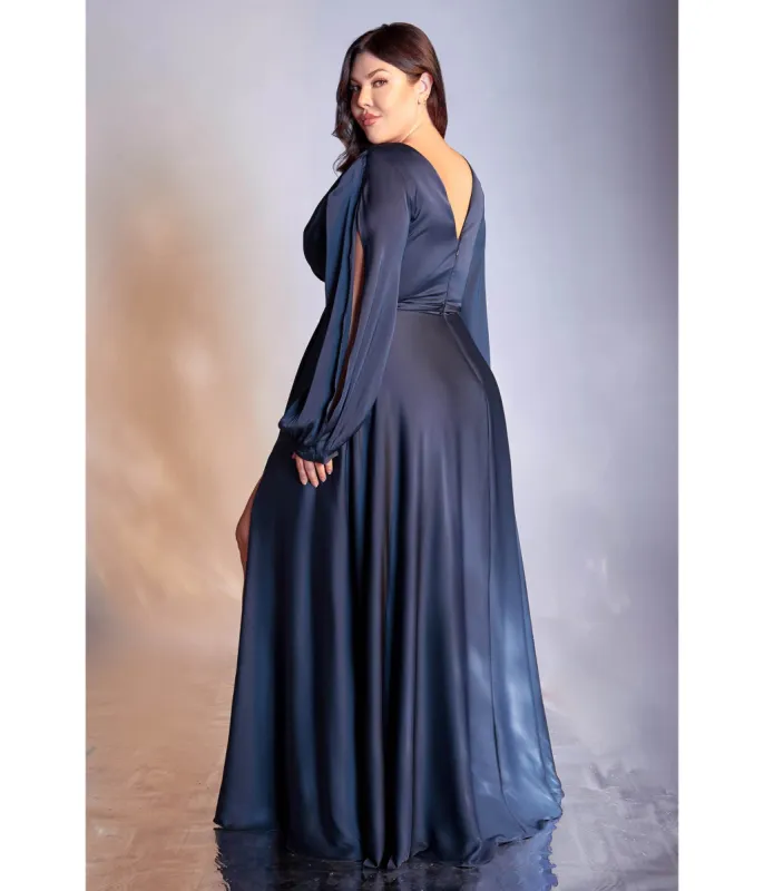 Cinderella Divine  Plus Size Navy Satin Blouson Sleeve Evening Gown sold by Unique Vintage