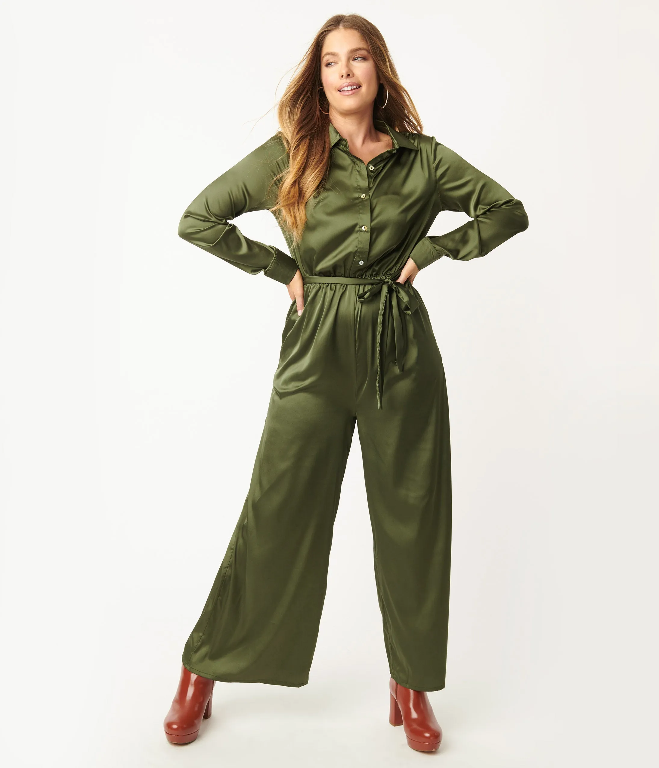 Olive Green Satin Jumpsuit sold by Unique Vintage product image thumbnail 4