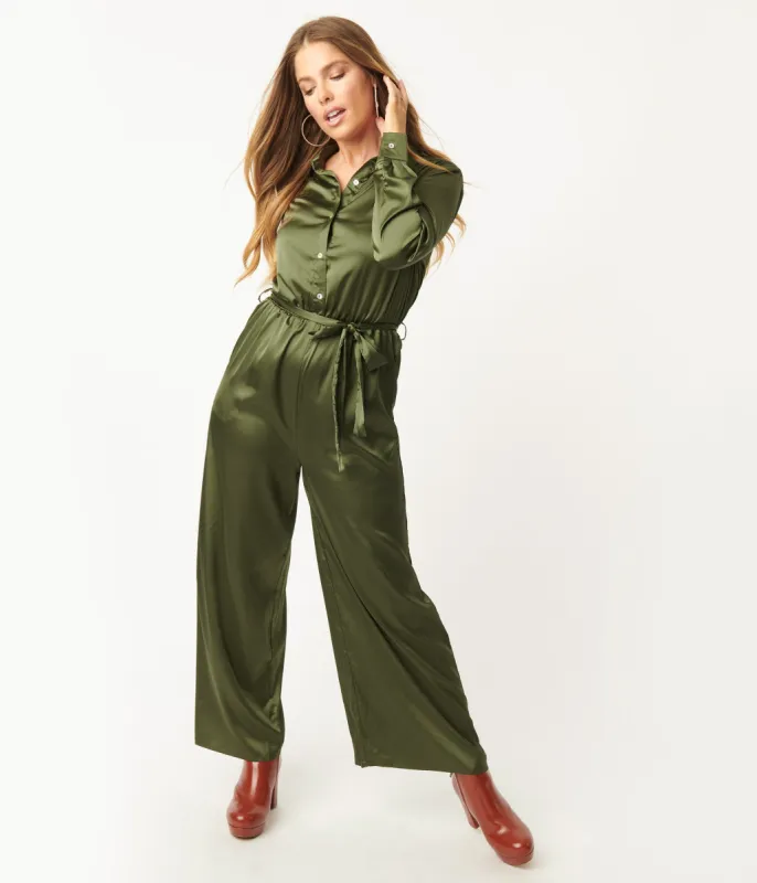 Olive Green Satin Jumpsuit sold by Unique Vintage