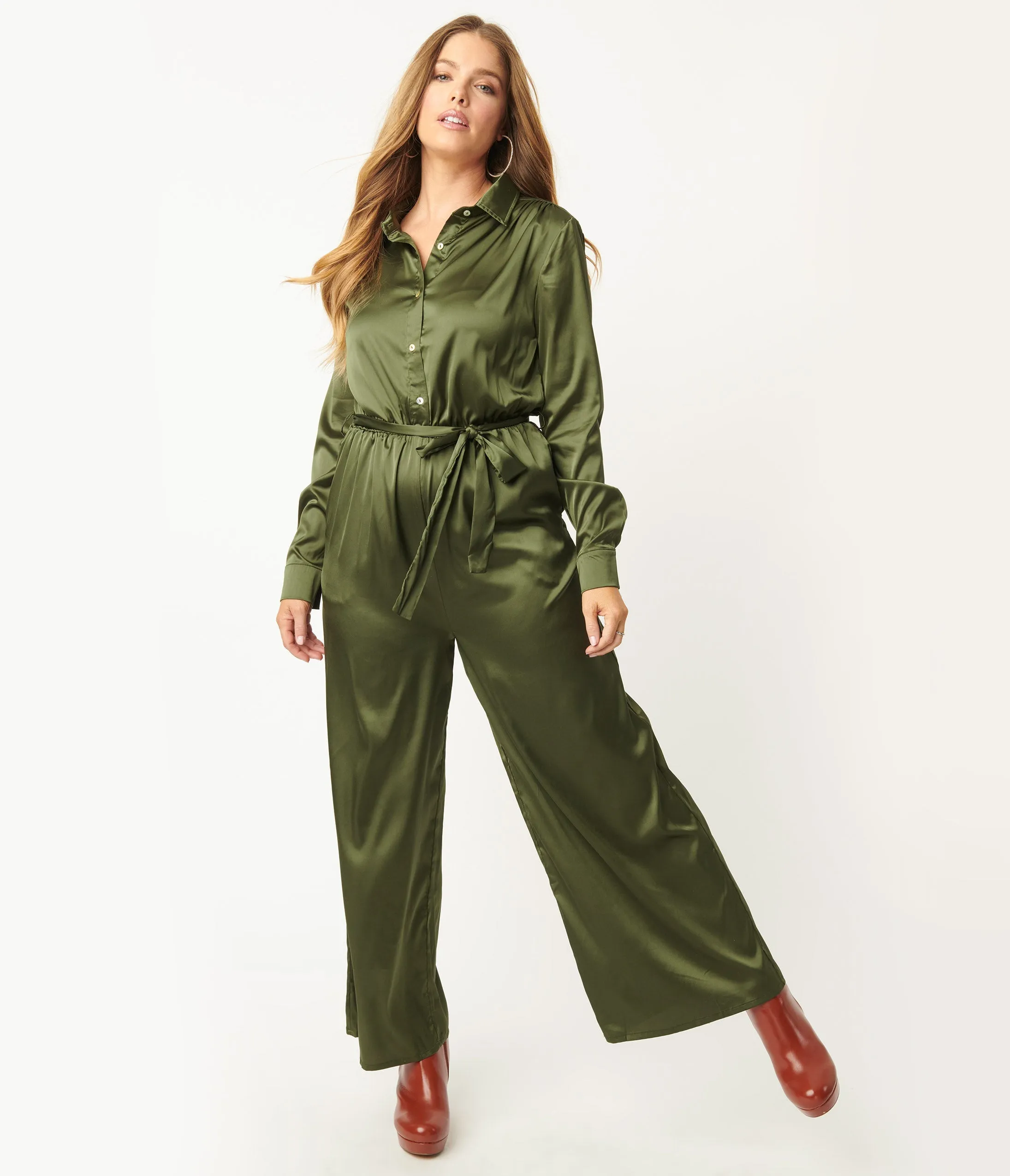 Olive Green Satin Jumpsuit sold by Unique Vintage product image thumbnail 5