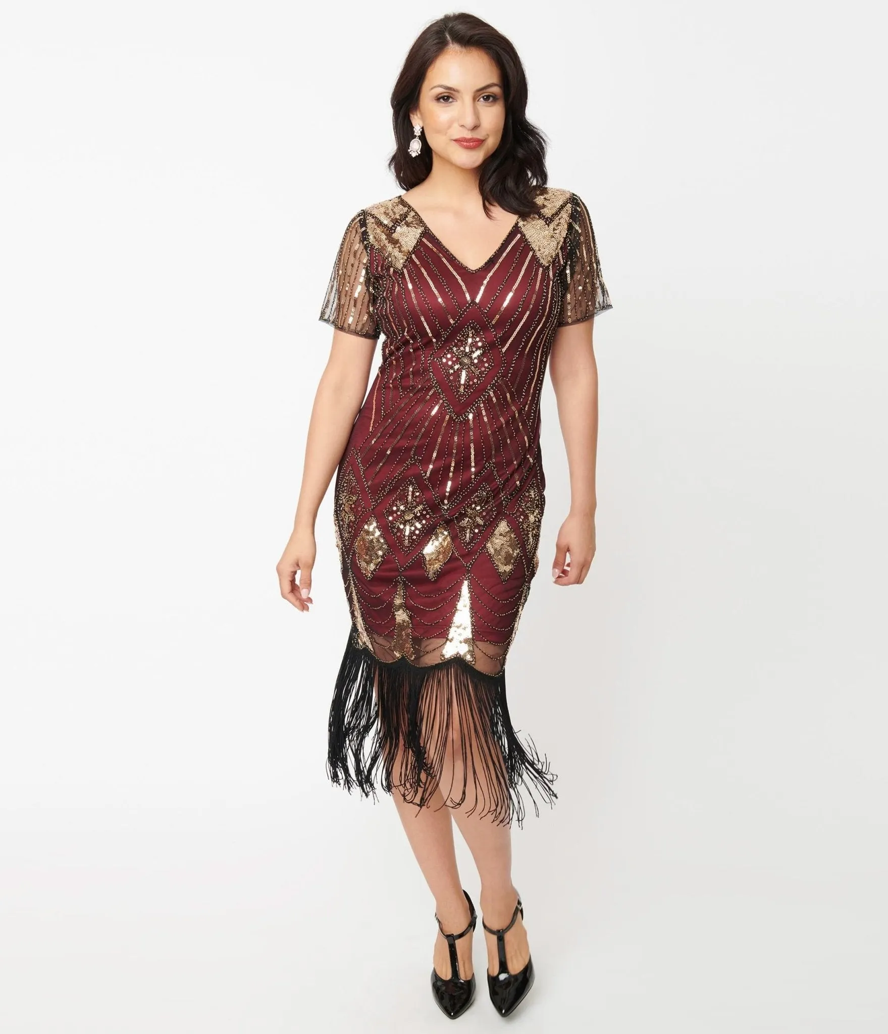 Unique Vintage 1920s Gold Sequin & Burgundy Katriane Flapper Dress sold by Unique Vintage product image thumbnail 4