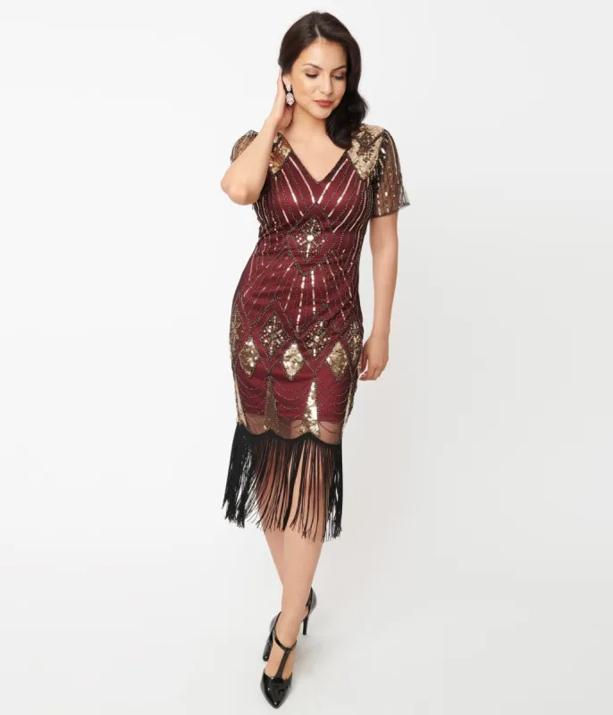 Unique Vintage 1920s Gold Sequin & Burgundy Katriane Flapper Dress sold by Unique Vintage