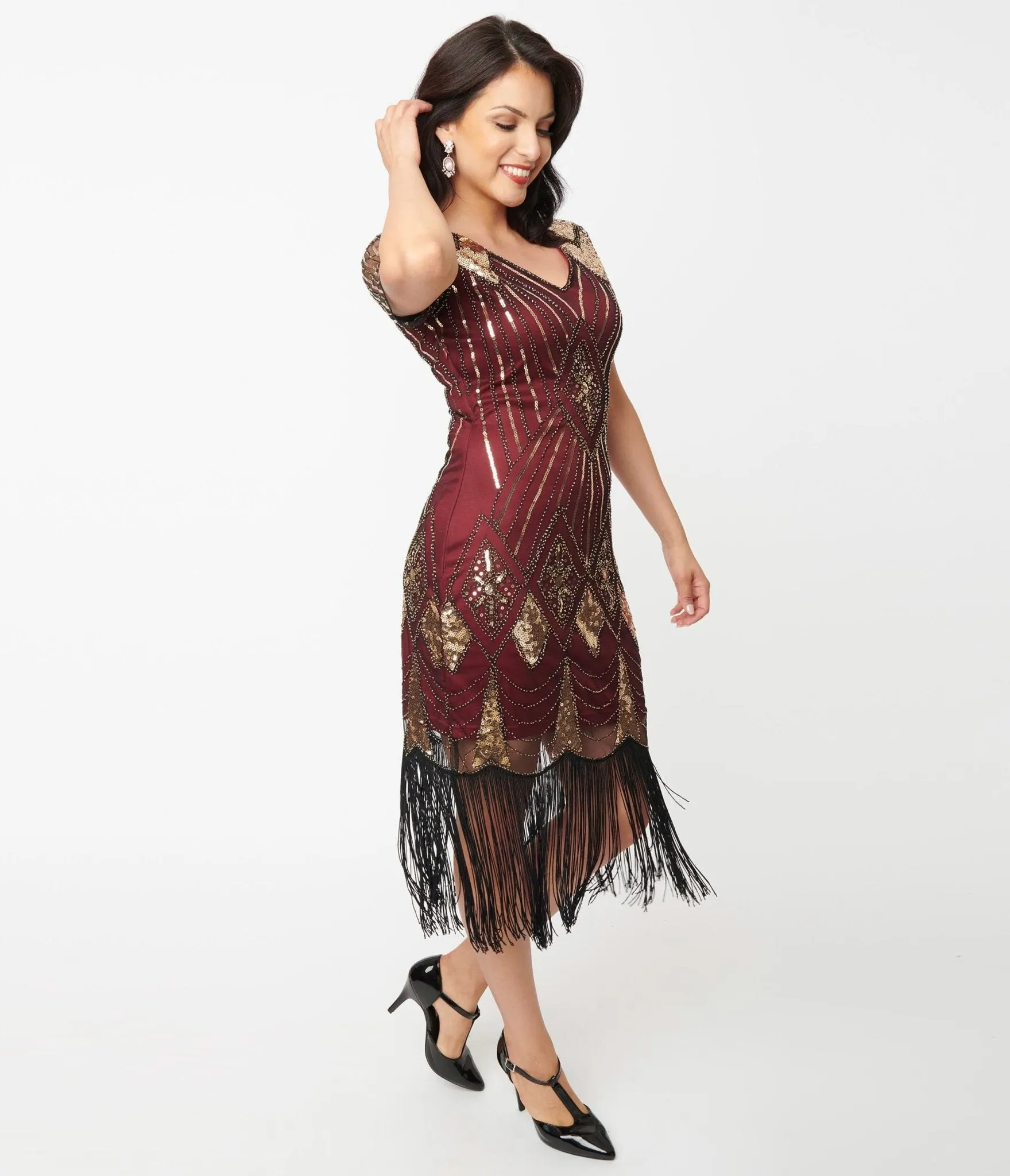 Unique Vintage 1920s Gold Sequin & Burgundy Katriane Flapper Dress sold by Unique Vintage product image thumbnail 5