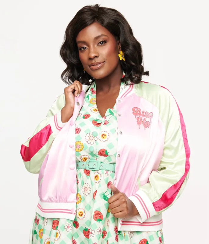 Unique Vintage Plus Size Pink & Green Bite Me Satin Bomber Jacket made by Unique Vintage