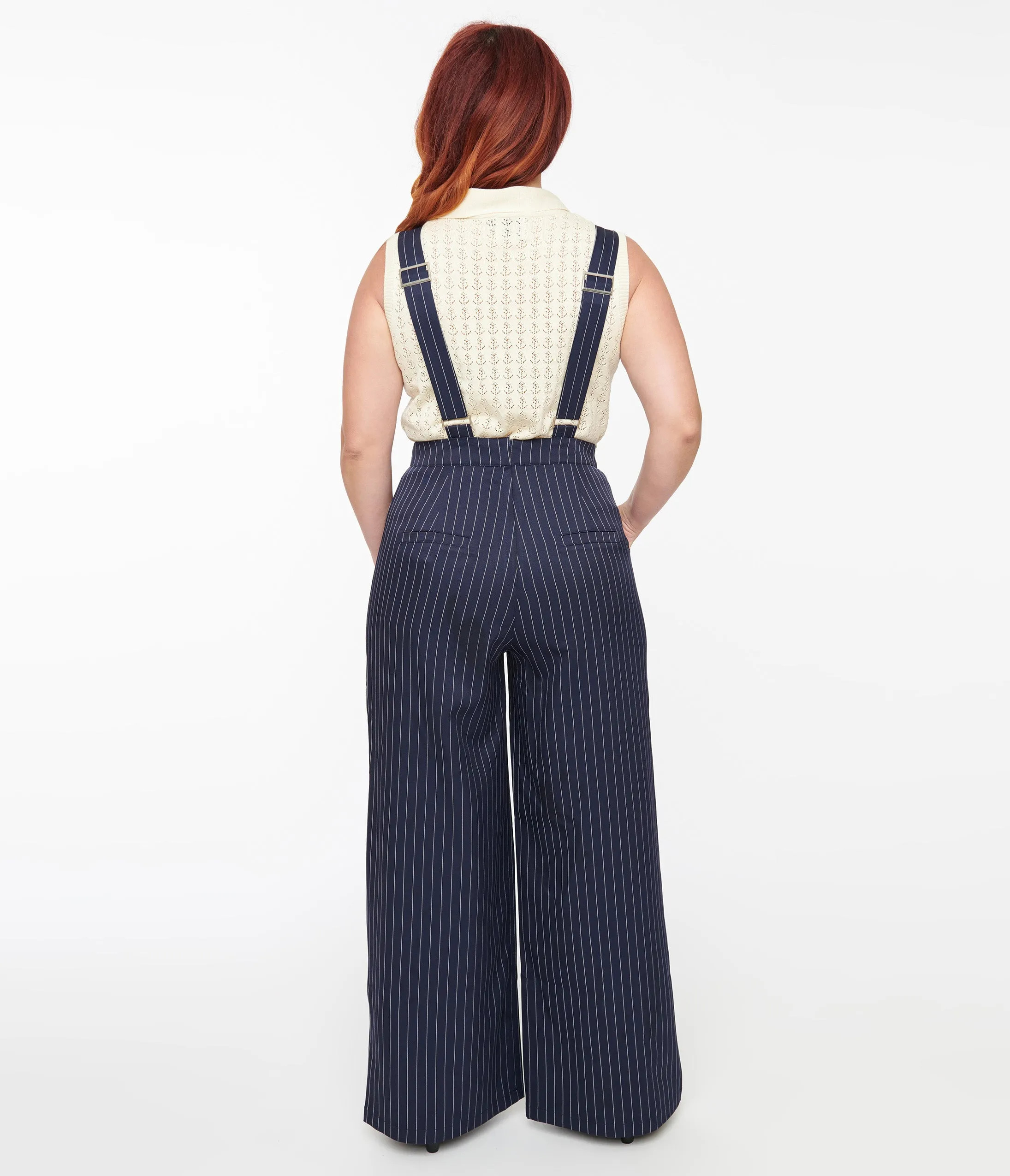 1940s Navy & White Pinstripe Wide Leg Overalls sold by Unique Vintage product image thumbnail 2