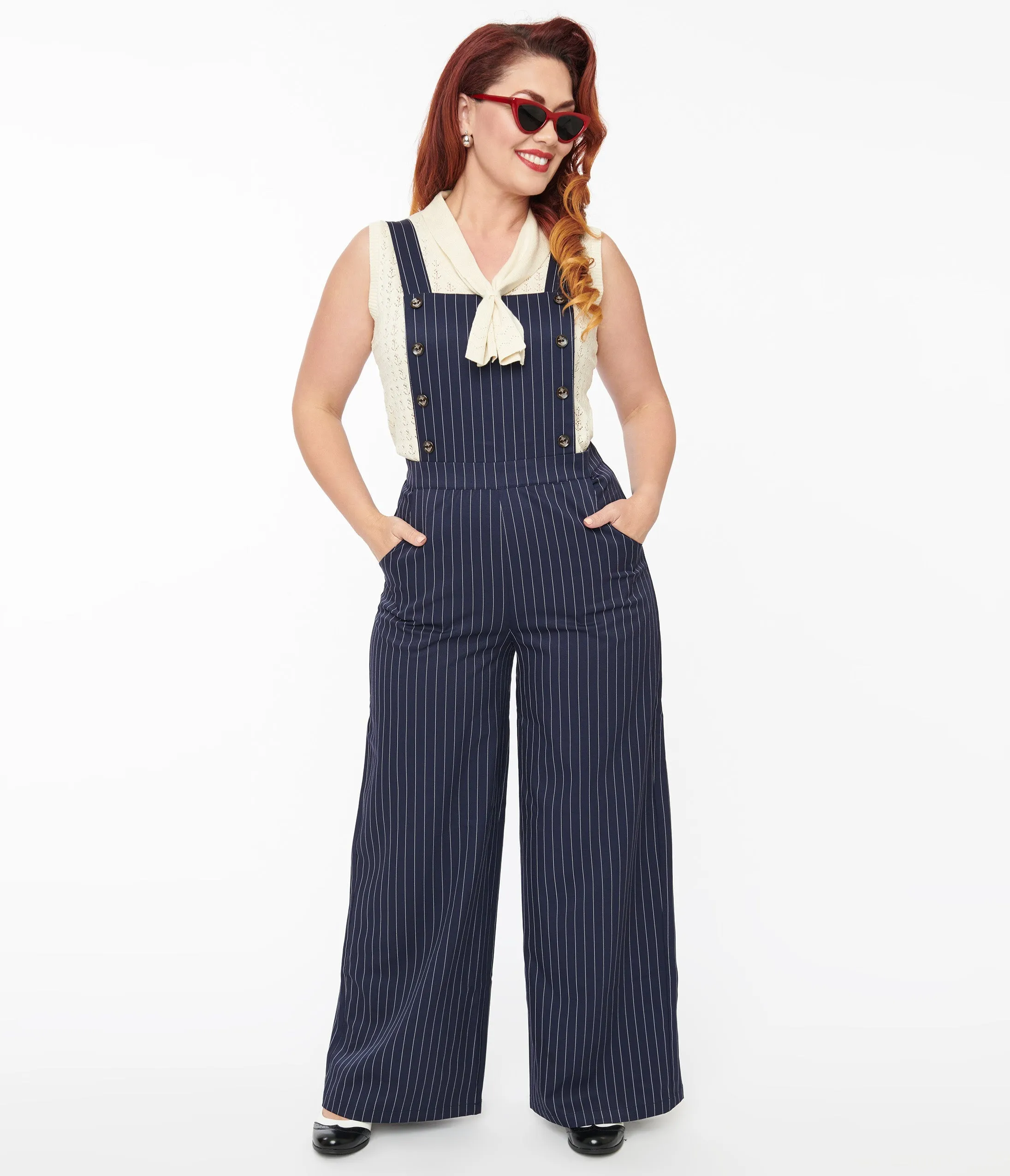 1940s Navy & White Pinstripe Wide Leg Overalls sold by Unique Vintage