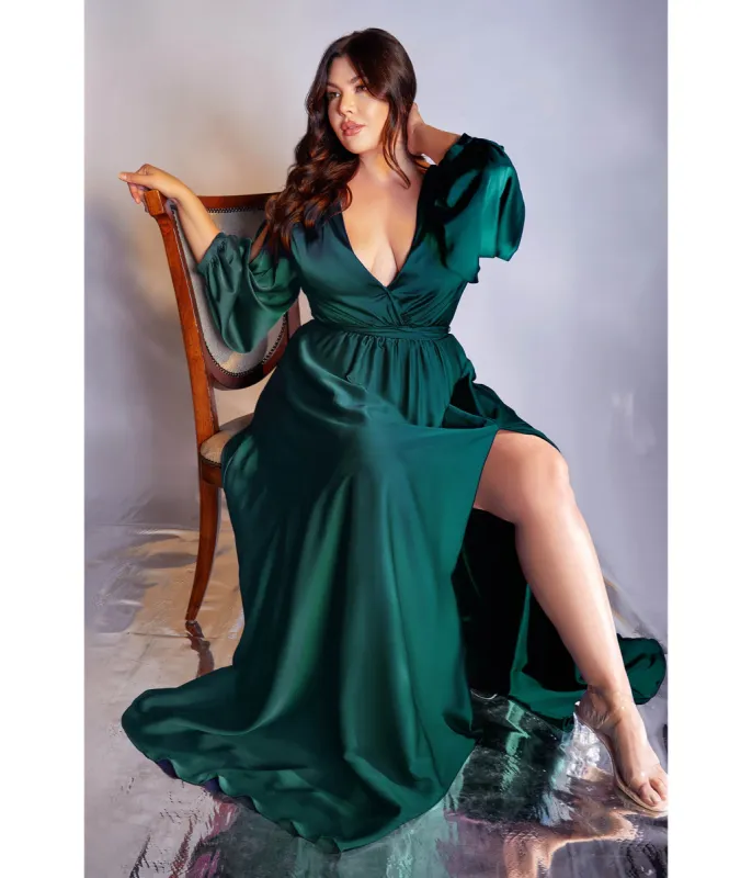 Cinderella Divine  Plus Size Emerald Satin Blouson Sleeve Evening Gown sold by Unique Vintage