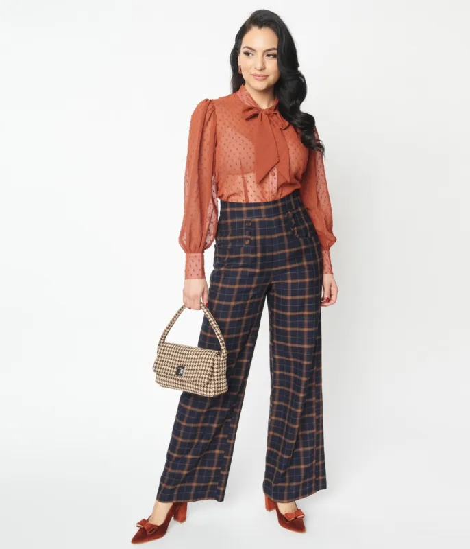 Unique Vintage 1940s Navy & Orange Plaid High Waist Sailor Ginger Pants sold by Unique Vintage