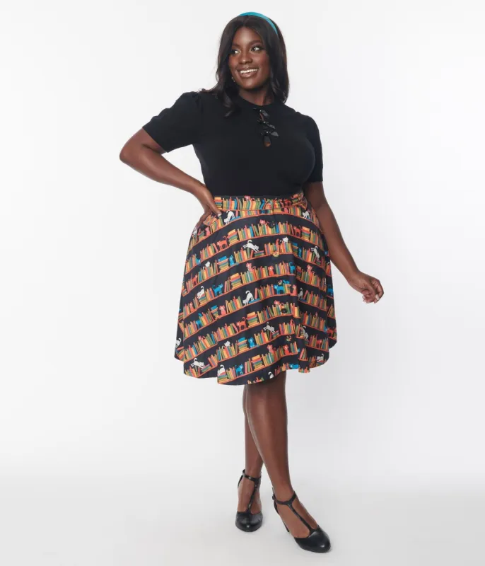 Unique Vintage Black Library Cats Buttoned Swing Skirt sold by Unique Vintage
